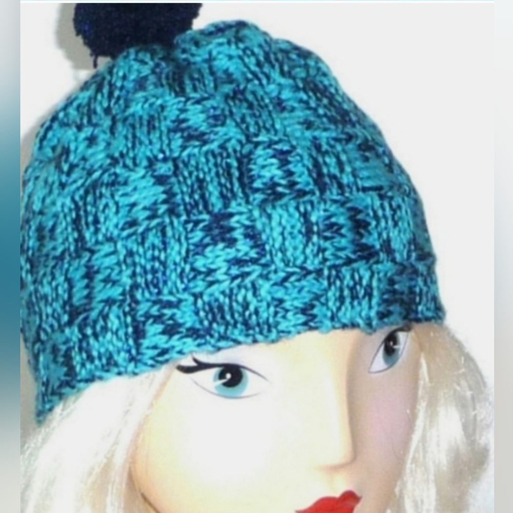 Checkerboard Pattern Beanie Hat Turquoise Navy Blue OOAK Hand Made